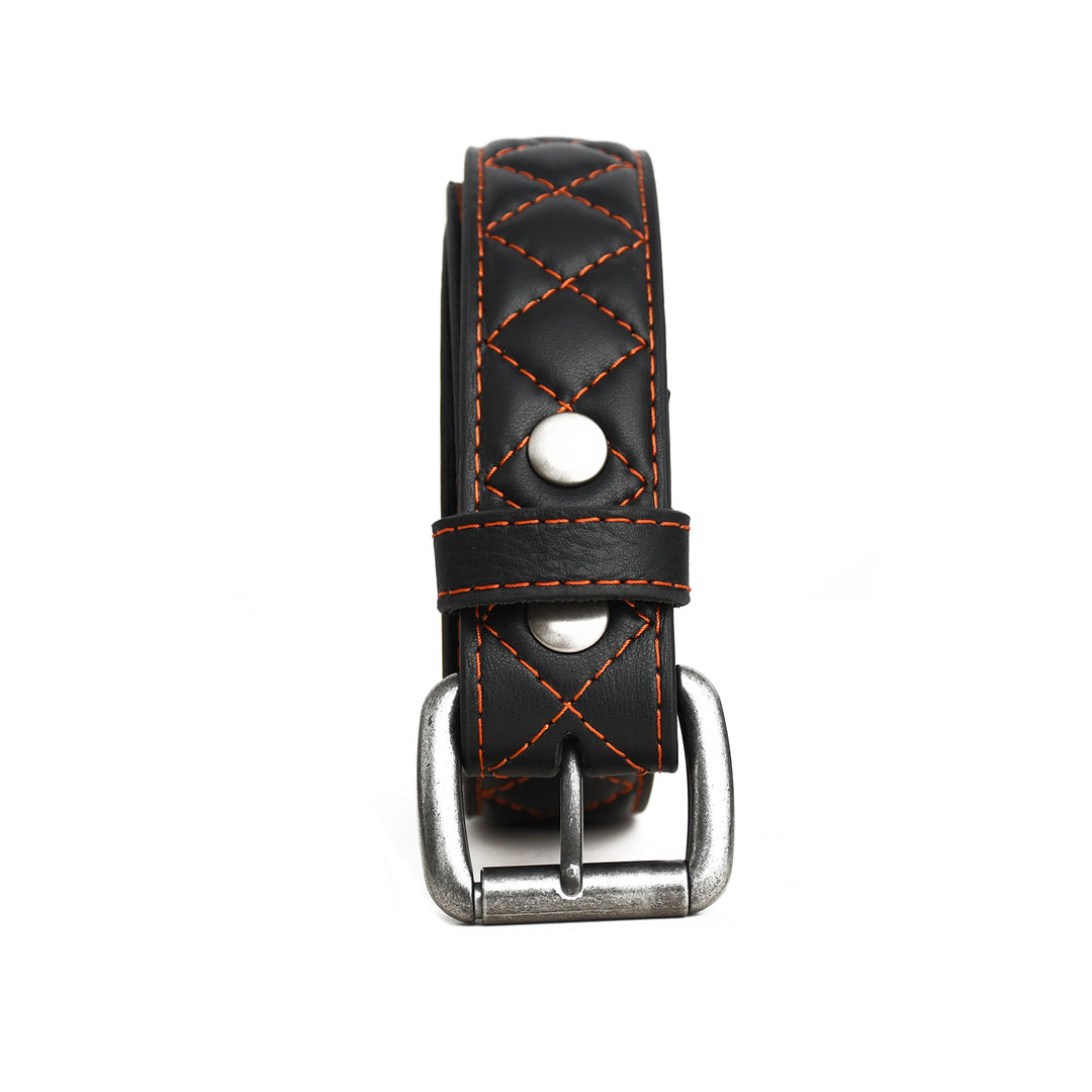 Black leather belt with orange stitching on a white background