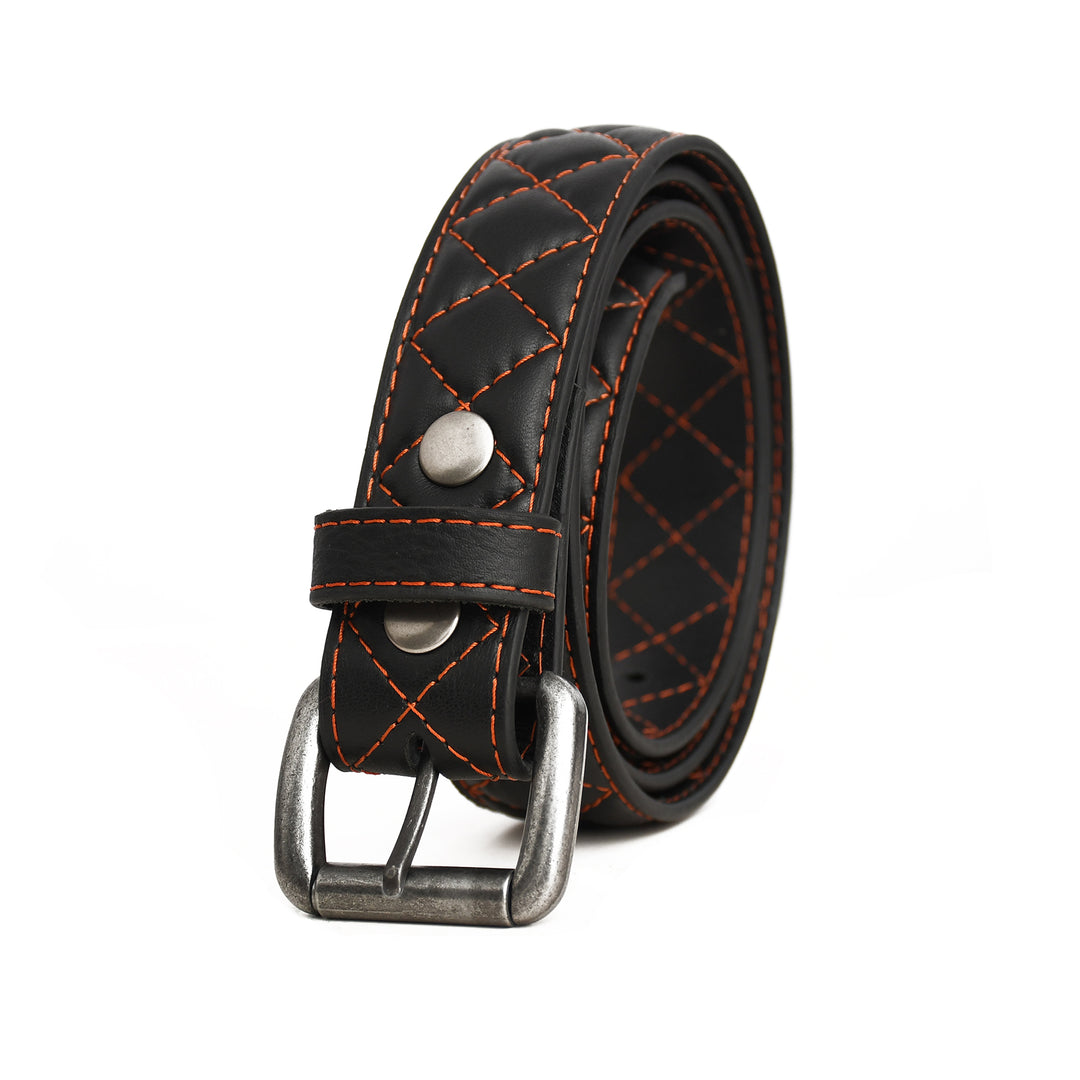 Black leather belt with orange stitching and silver buckle on a white background