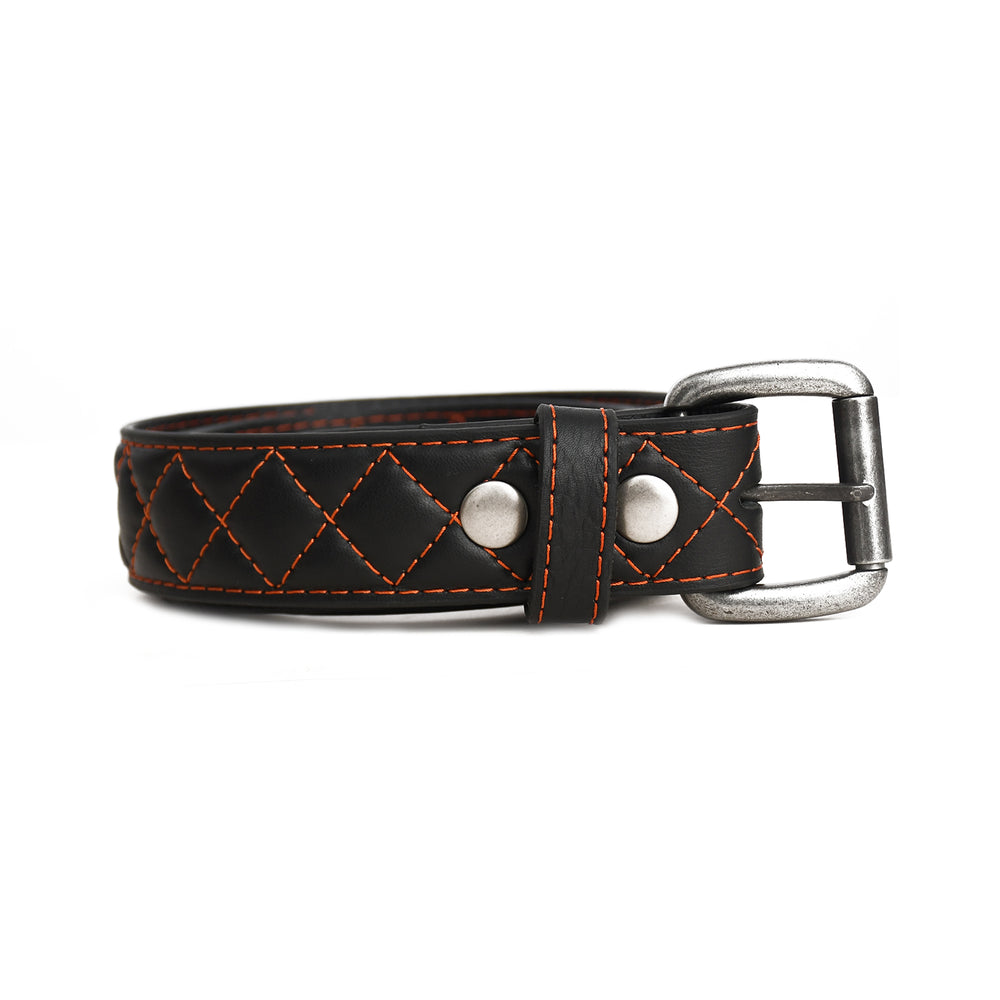 Black leather dog collar with orange stitching and silver buckle on a white background