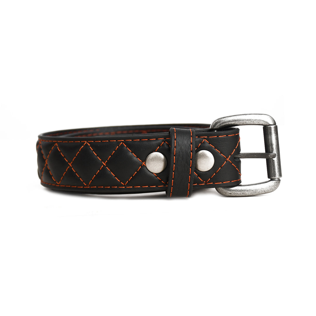Black leather dog collar with orange stitching and silver buckle on a white background