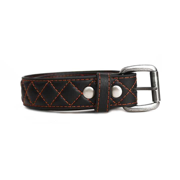 Black leather dog collar with orange stitching and silver buckle on a white background