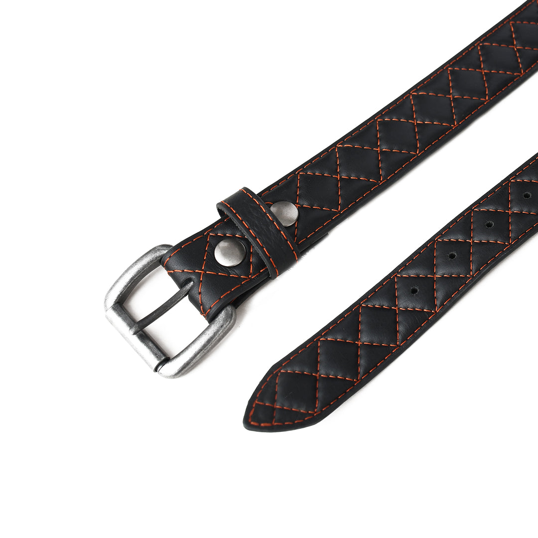 Black leather belt with diamond pattern and silver buckle on a white background