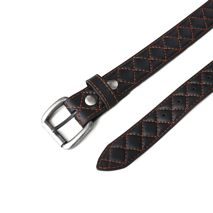 Black leather belt with diamond pattern and silver buckle on a white background