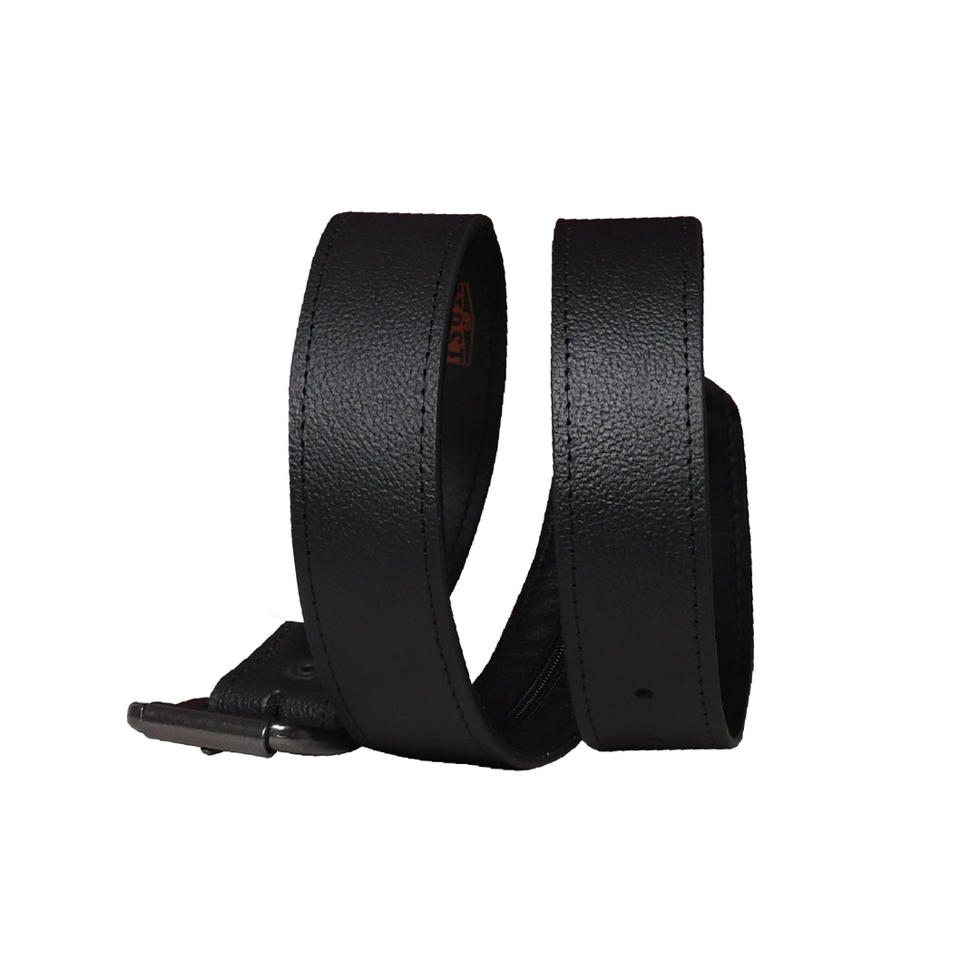 Black leather belt with a buckle on a white background