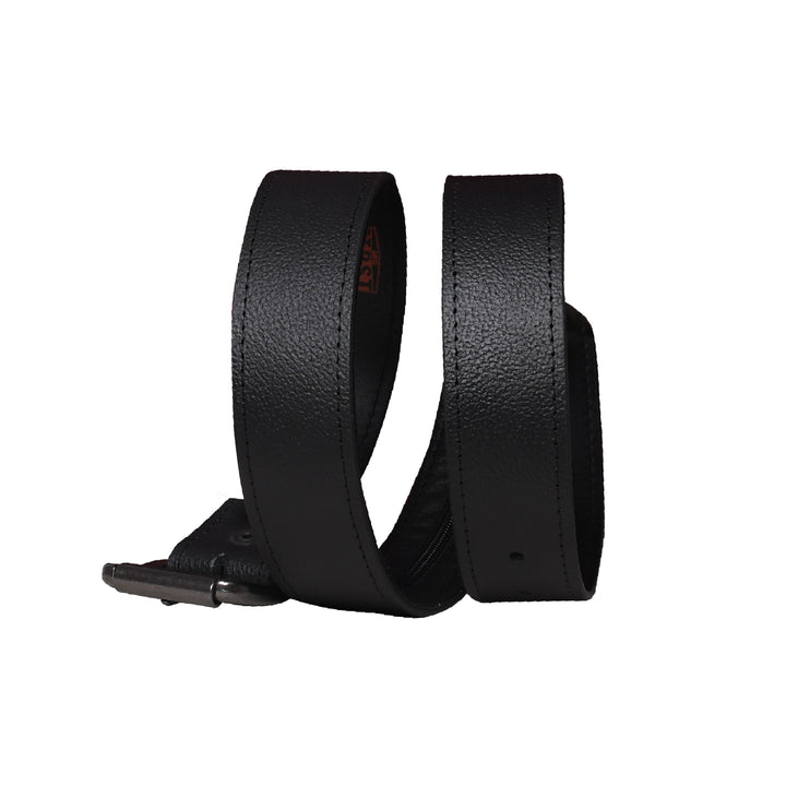 Black leather belt with a buckle on a white background