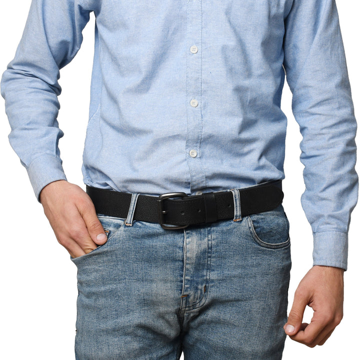Person wearing a light blue shirt and jeans with a black belt on a white background