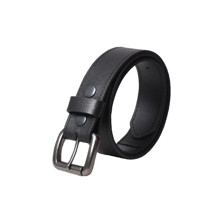 Black leather belt with silver buckle on a white background