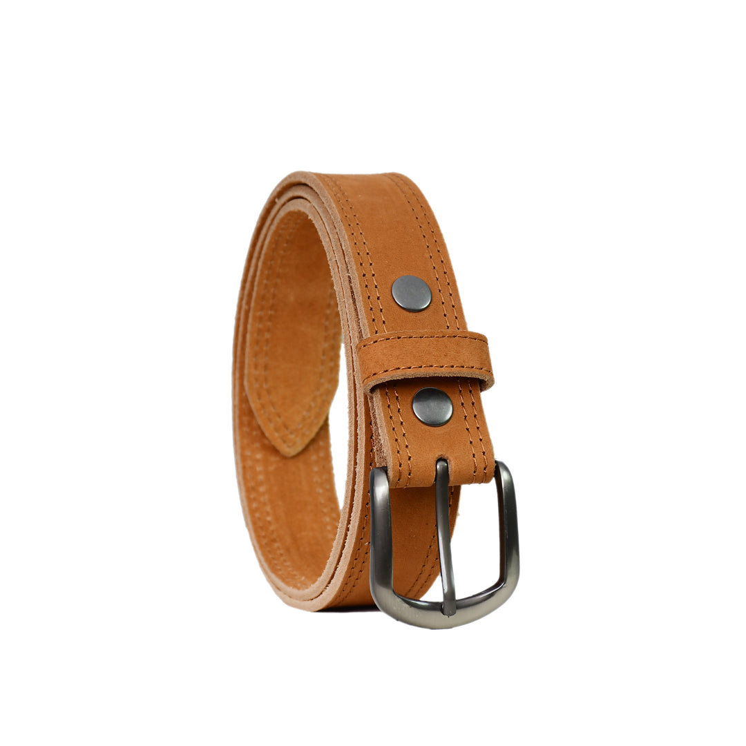 Brown leather belt with silver buckle on a white background