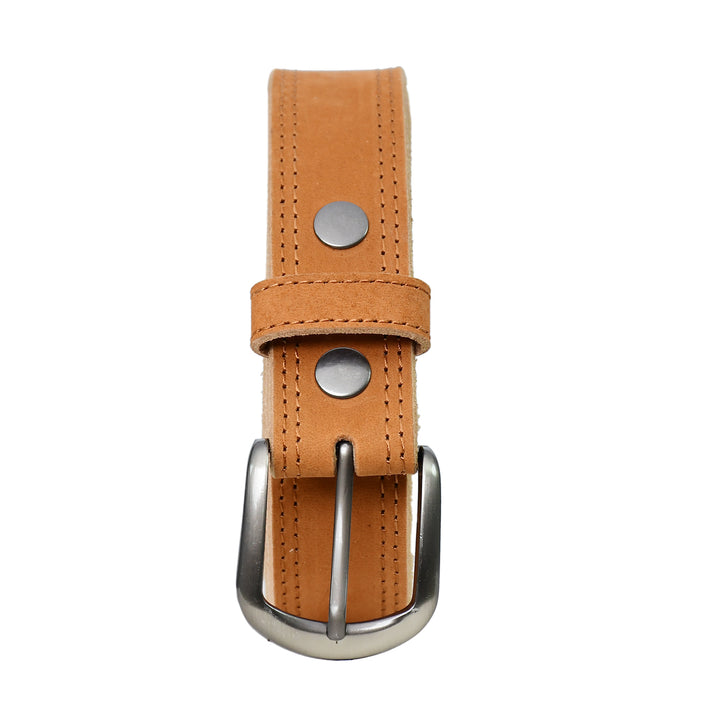 Tan leather belt with silver buckle on a white background