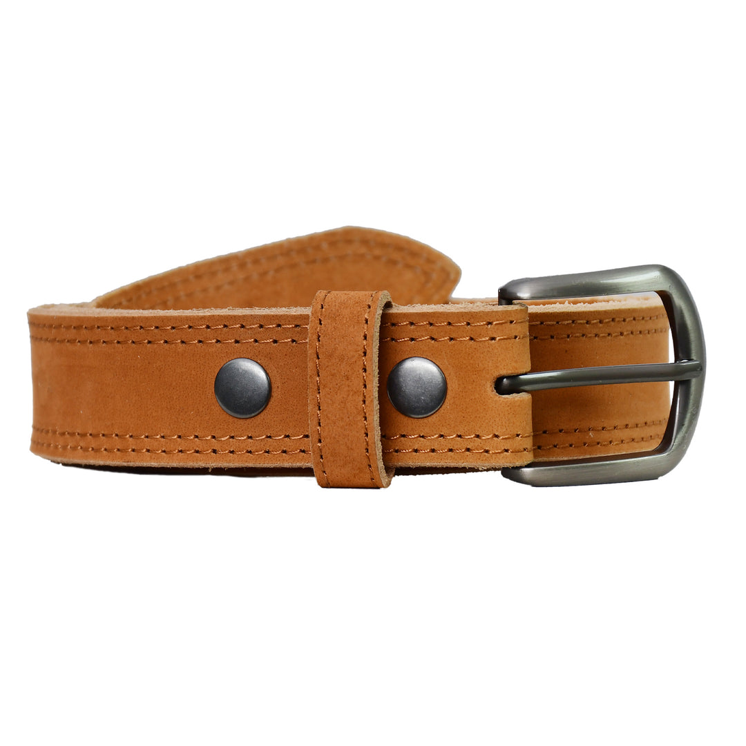 Brown leather belt with silver buckle on a white background