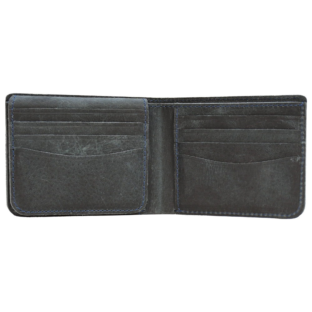 Close-up of a grey leather wallet with card slots on a white background
