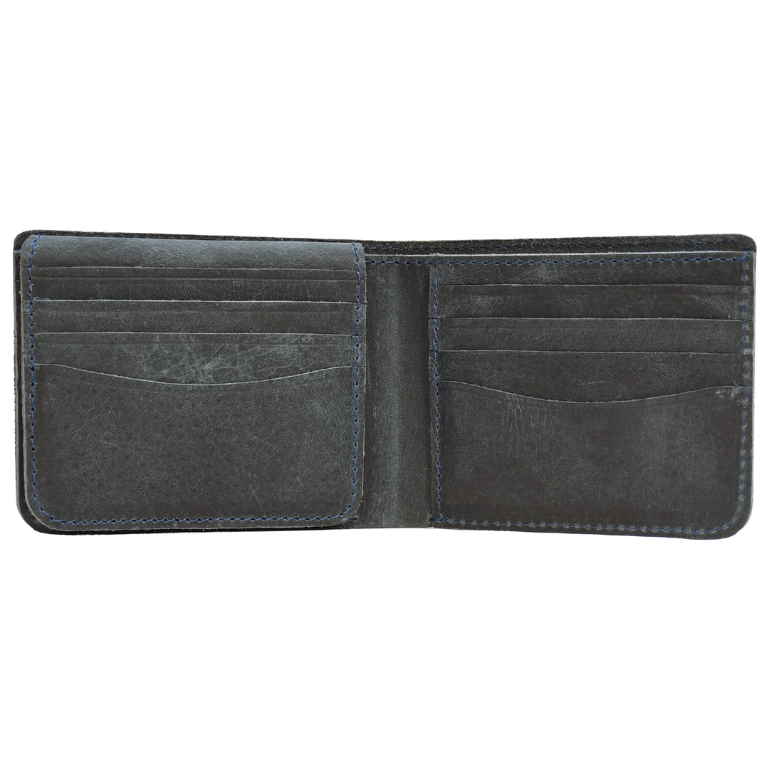 Close-up of a grey leather wallet with card slots on a white background
