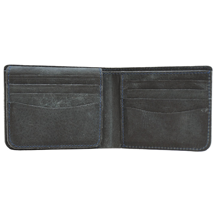 Close-up of a grey leather wallet with card slots on a white background
