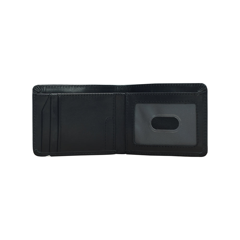 Black leather wallet open on a white background