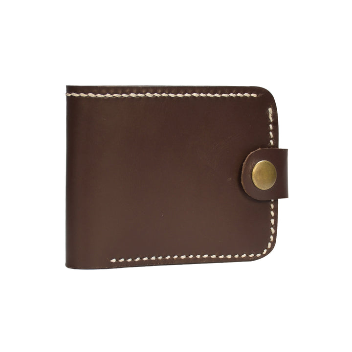Brown leather wallet with white stitching on a white background