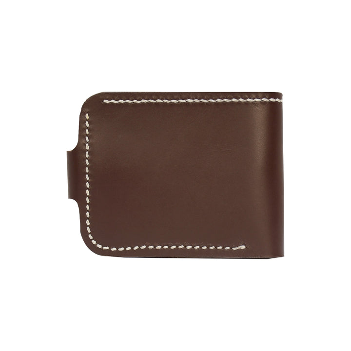 Brown leather wallet with white stitching on a white background