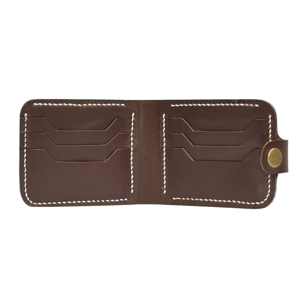 Brown leather wallet with white stitching on a white background