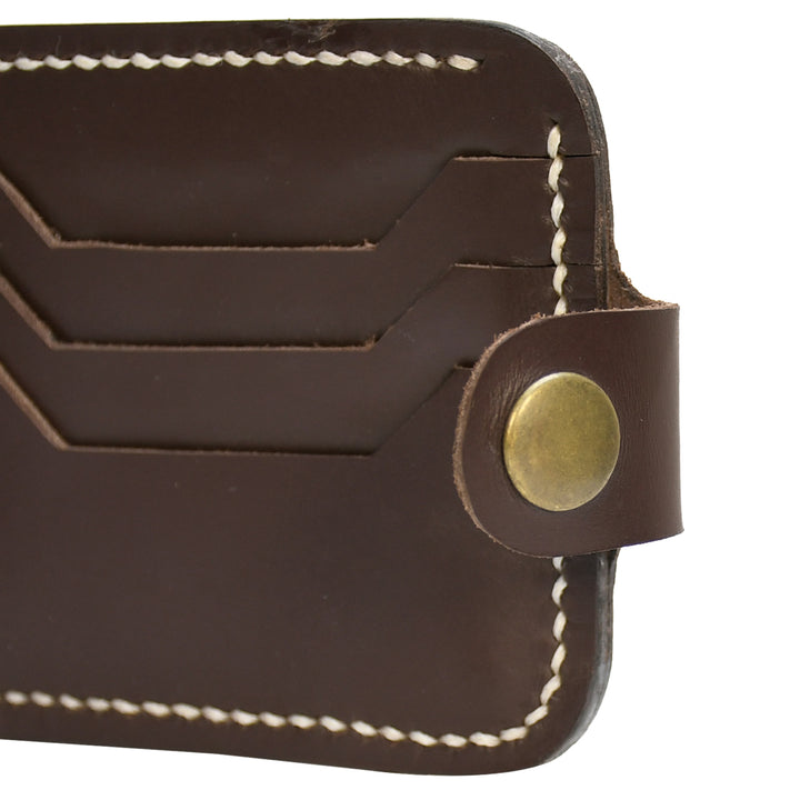 Brown leather wallet with white stitching on a white background