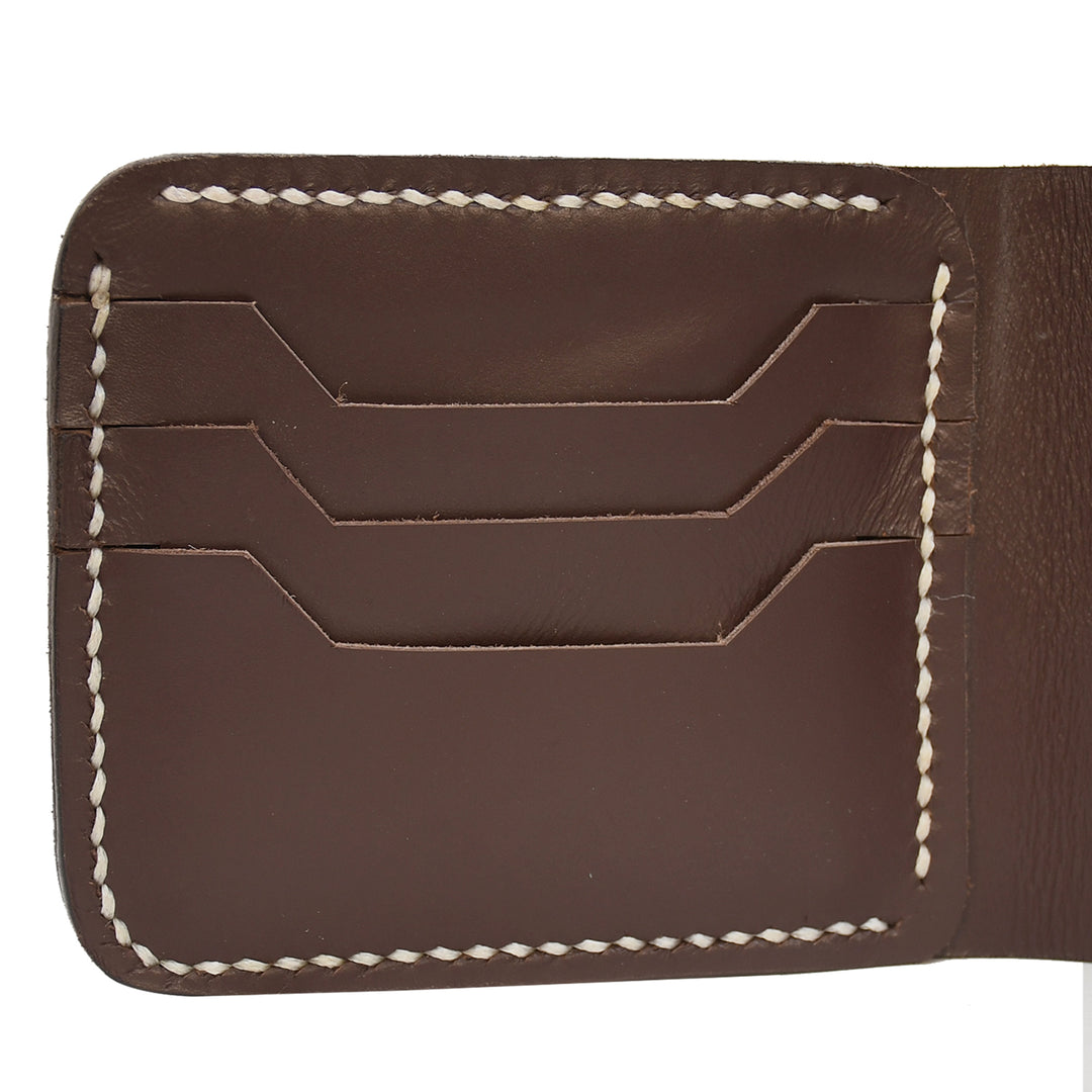 Brown leather wallet with white stitching on a white background