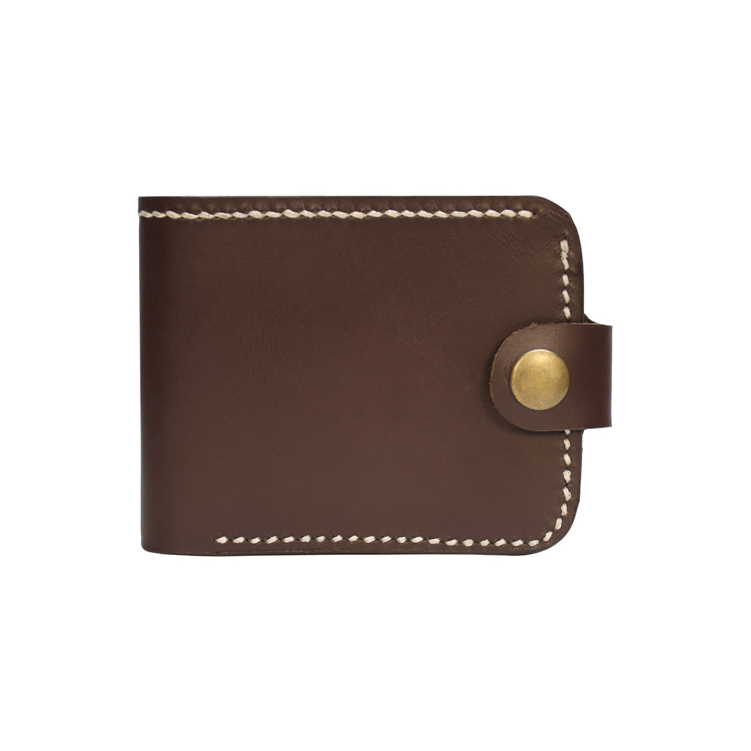 Brown leather wallet with gold button on a white background