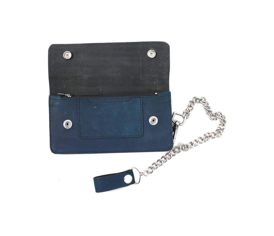 Blue leather wallet with a chain on a white background

