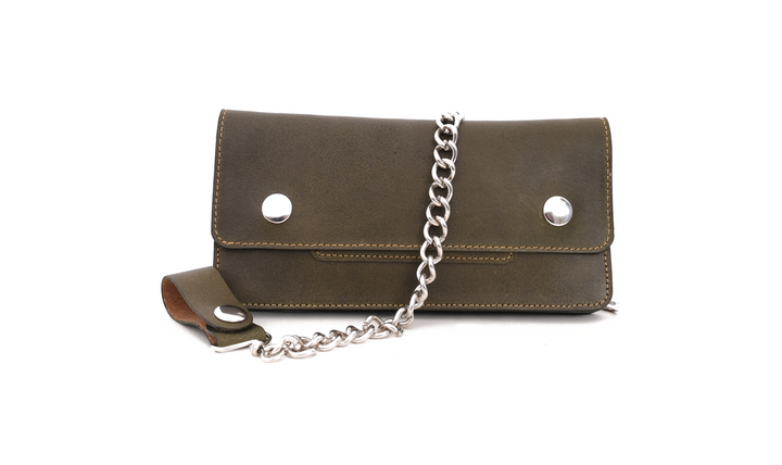 Olive Green leather wallet with a chain on a white background

