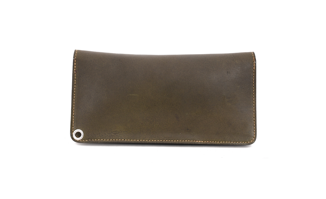 Olive Green leather wallet on a white background

