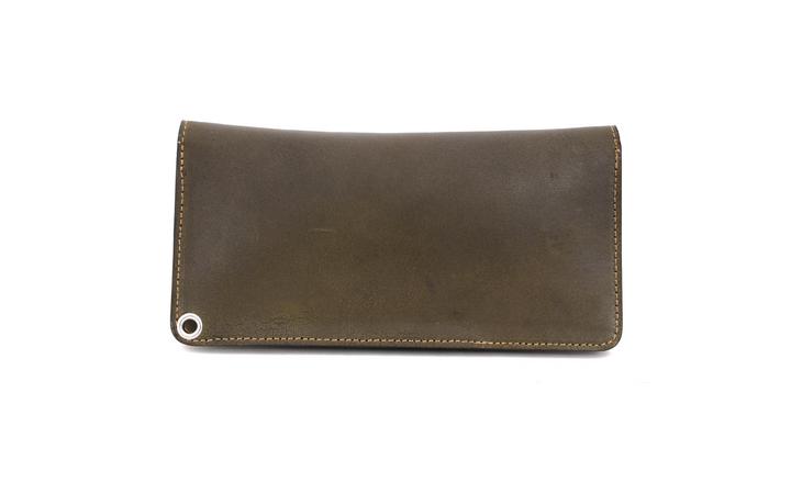 Olive Green leather wallet on a white background


