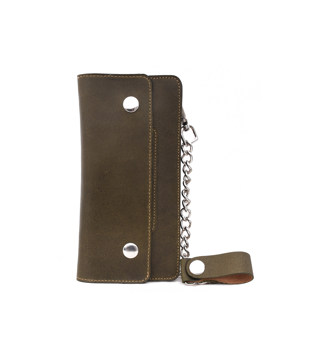 Olive Green leather wallet with chain on a white background

