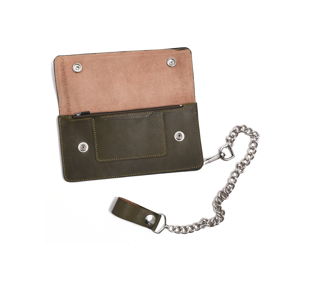 Two-tone wallet with chain on a white background

