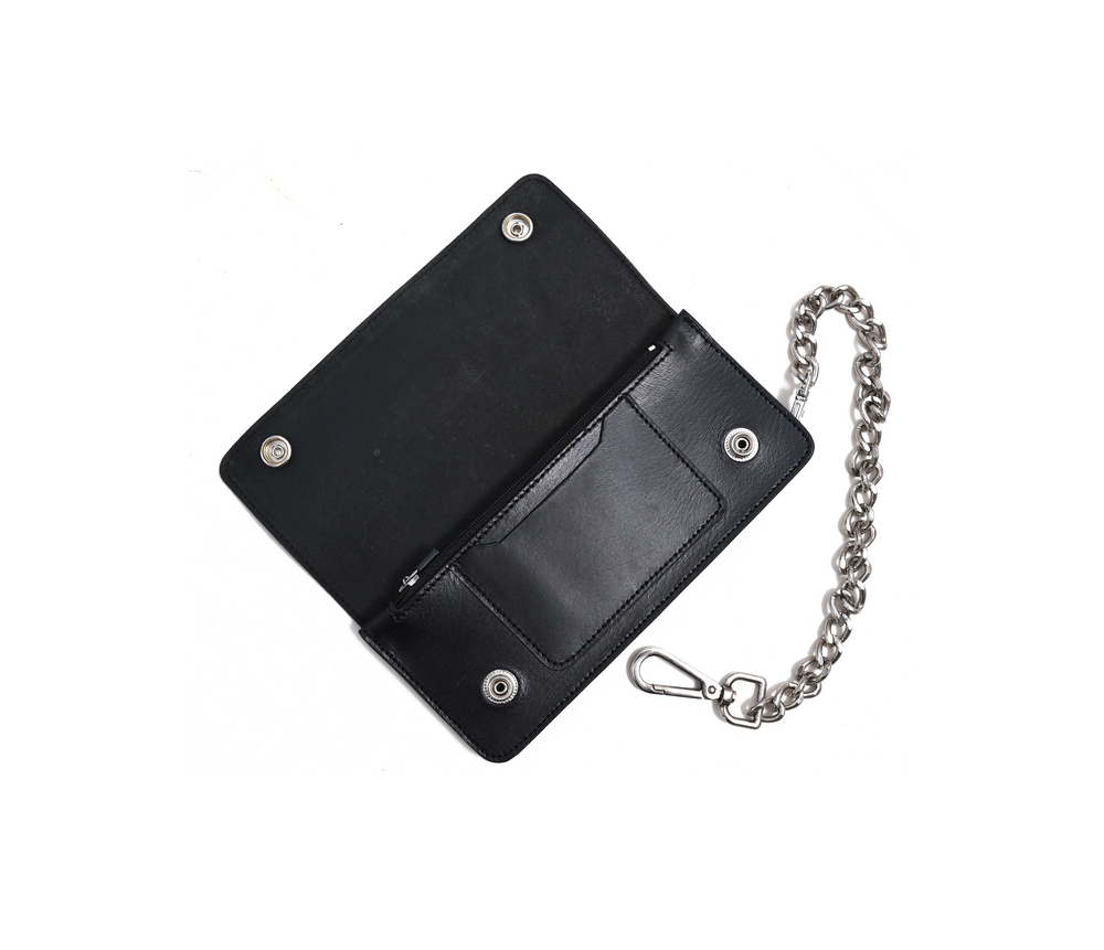 Black leather wallet with a chain on a white background

