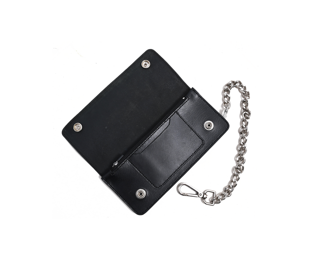 Black leather wallet with a chain on a white background

