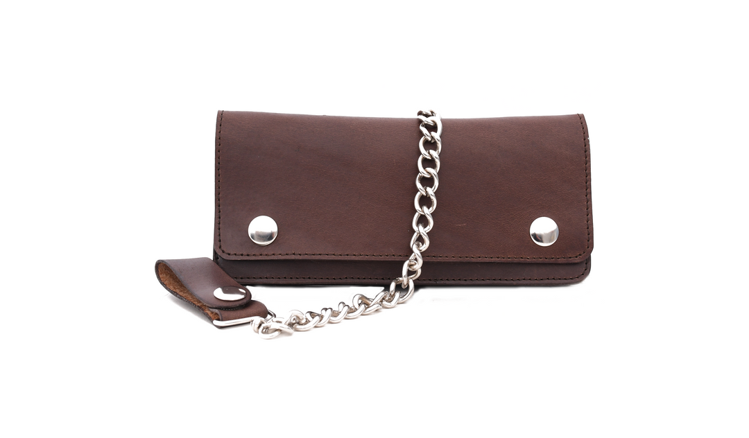 Brown leather wallet with a chain on a white background


