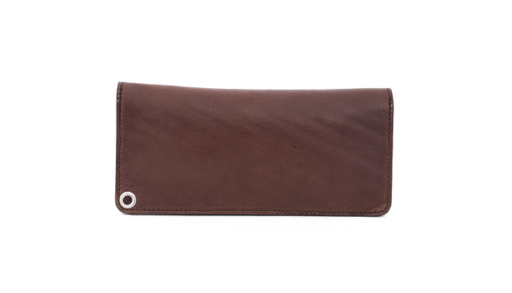 Brown leather wallet with a silver button on a white background

