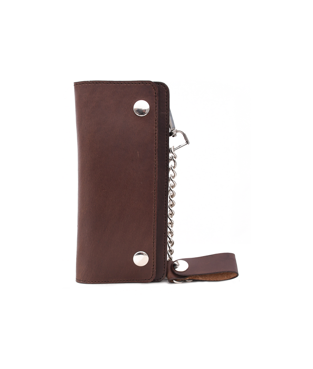 Brown leather wallet with chain detail on a white background

