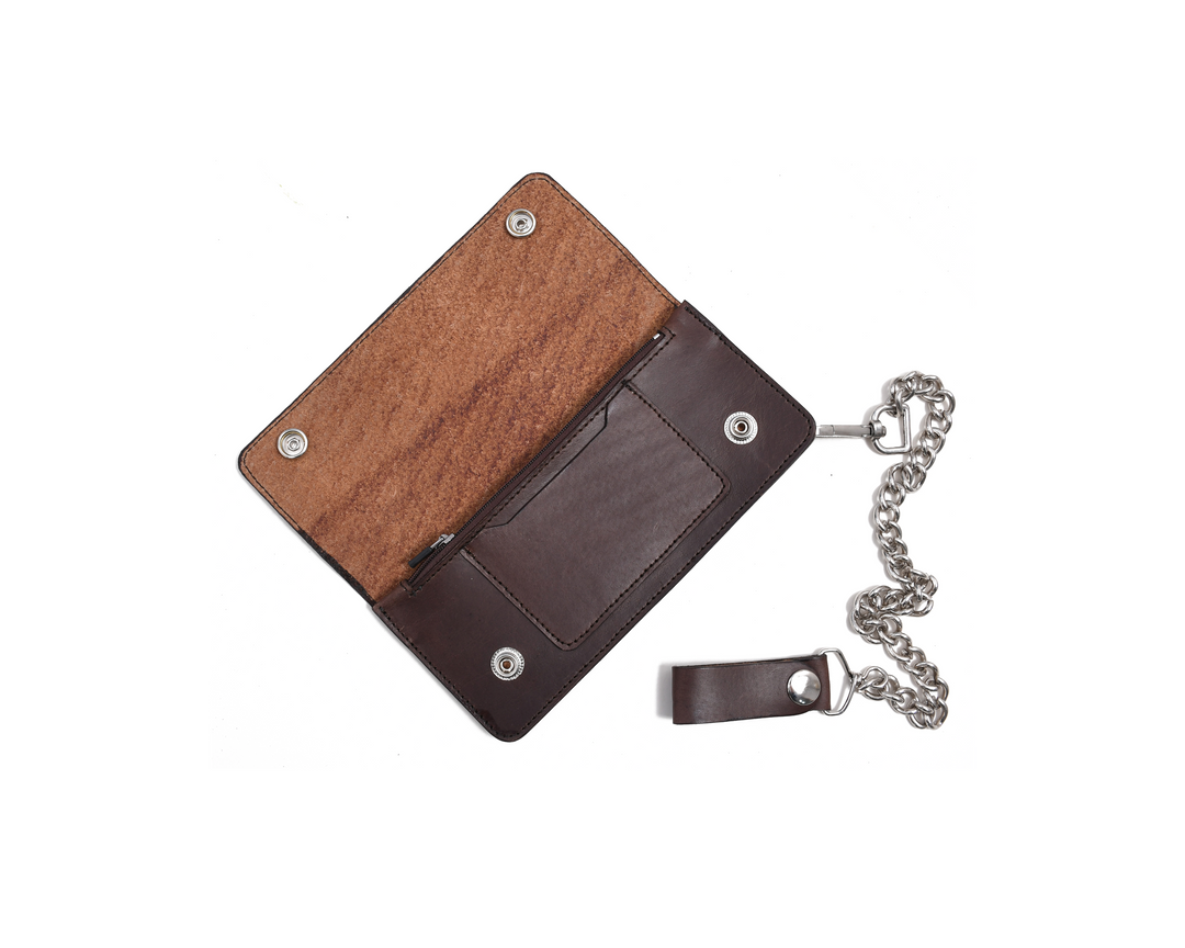 Brown leather wallet with wooden accent and chain on a white background

