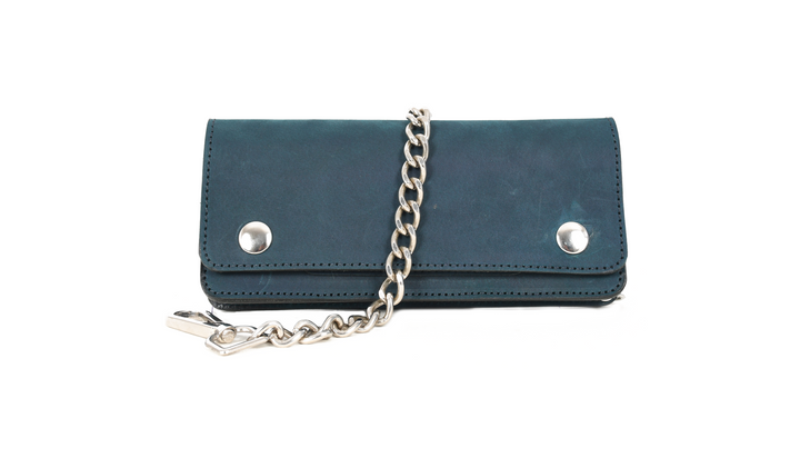 Blue wallet with a chain on a white background

