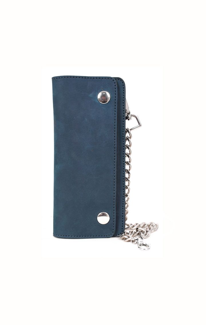 Blue wallet with chain on a white background

