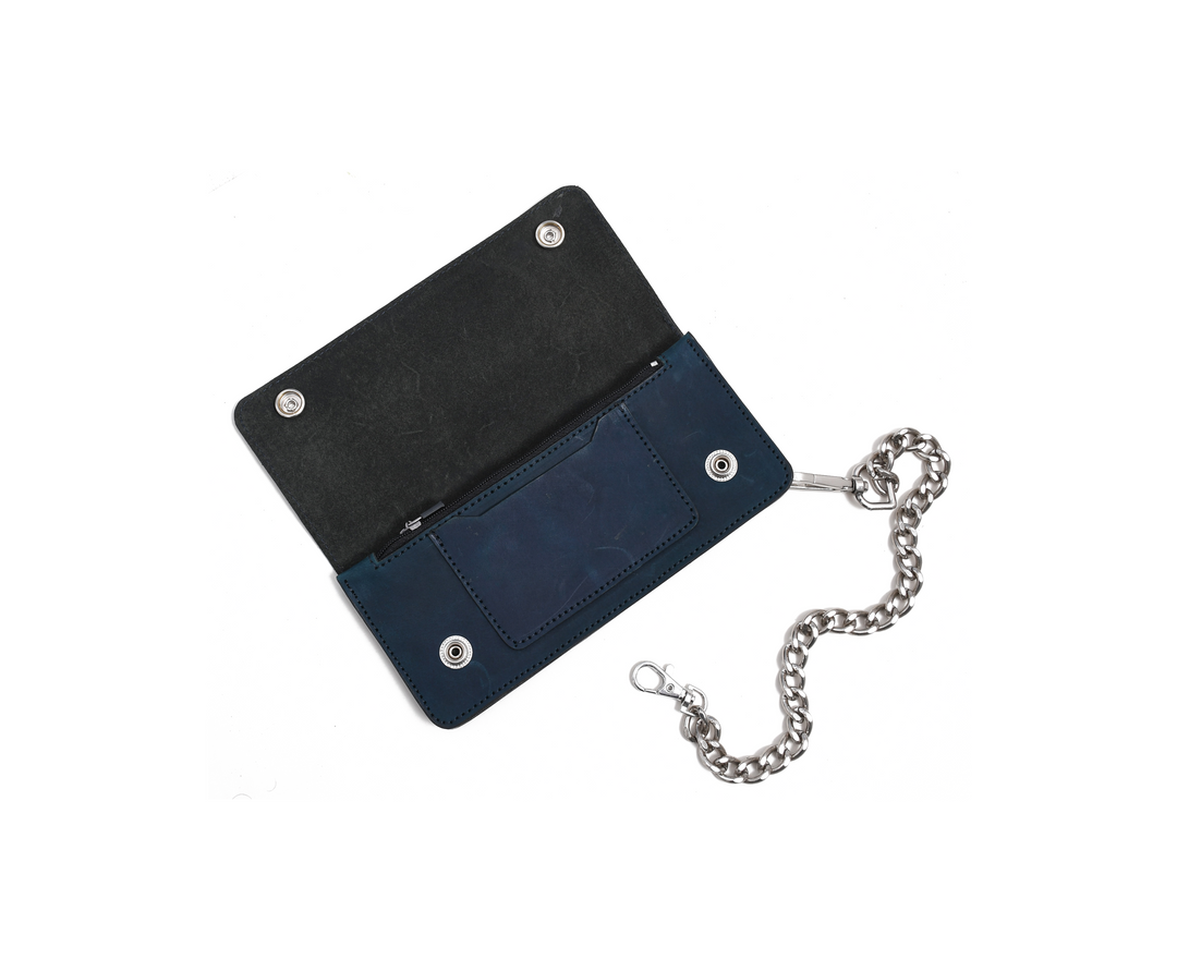 Black and blue wallet with a chain on a white background

