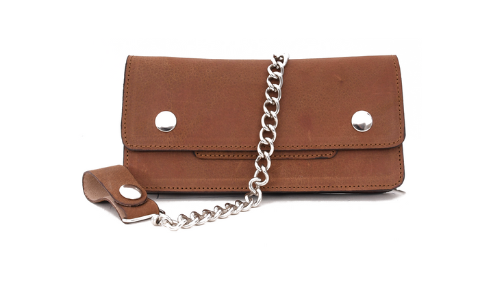 Brown leather wallet with chain strap on a white background

