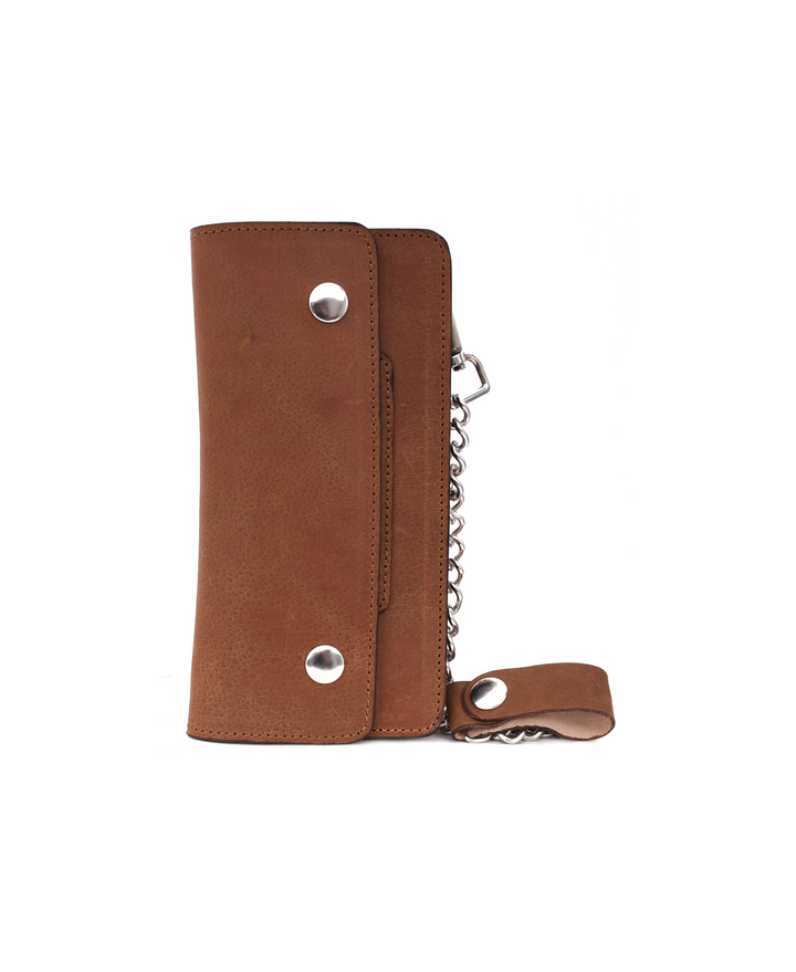 Brown leather wallet with chain on a white background


