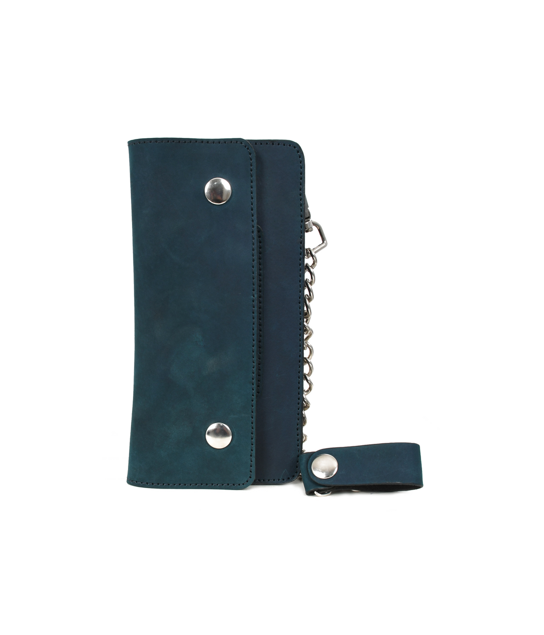 Blue leather wallet with chain and studs on a white background

