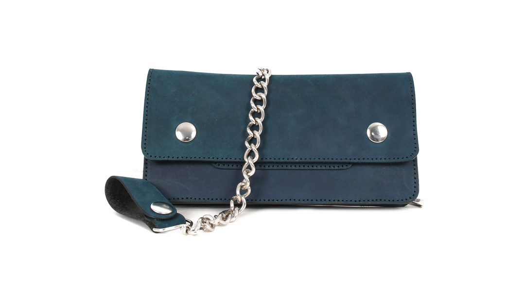 Blue wallet with a chain strap on a white background

