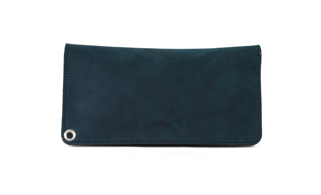 Dark blue wallet with a silver clasp on a white background

