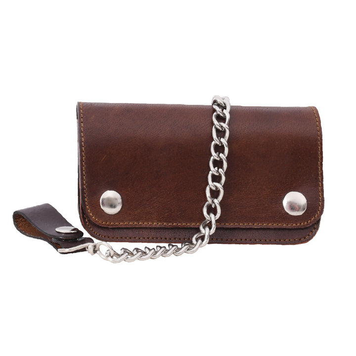 Brown leather wallet with a chain on a white background

