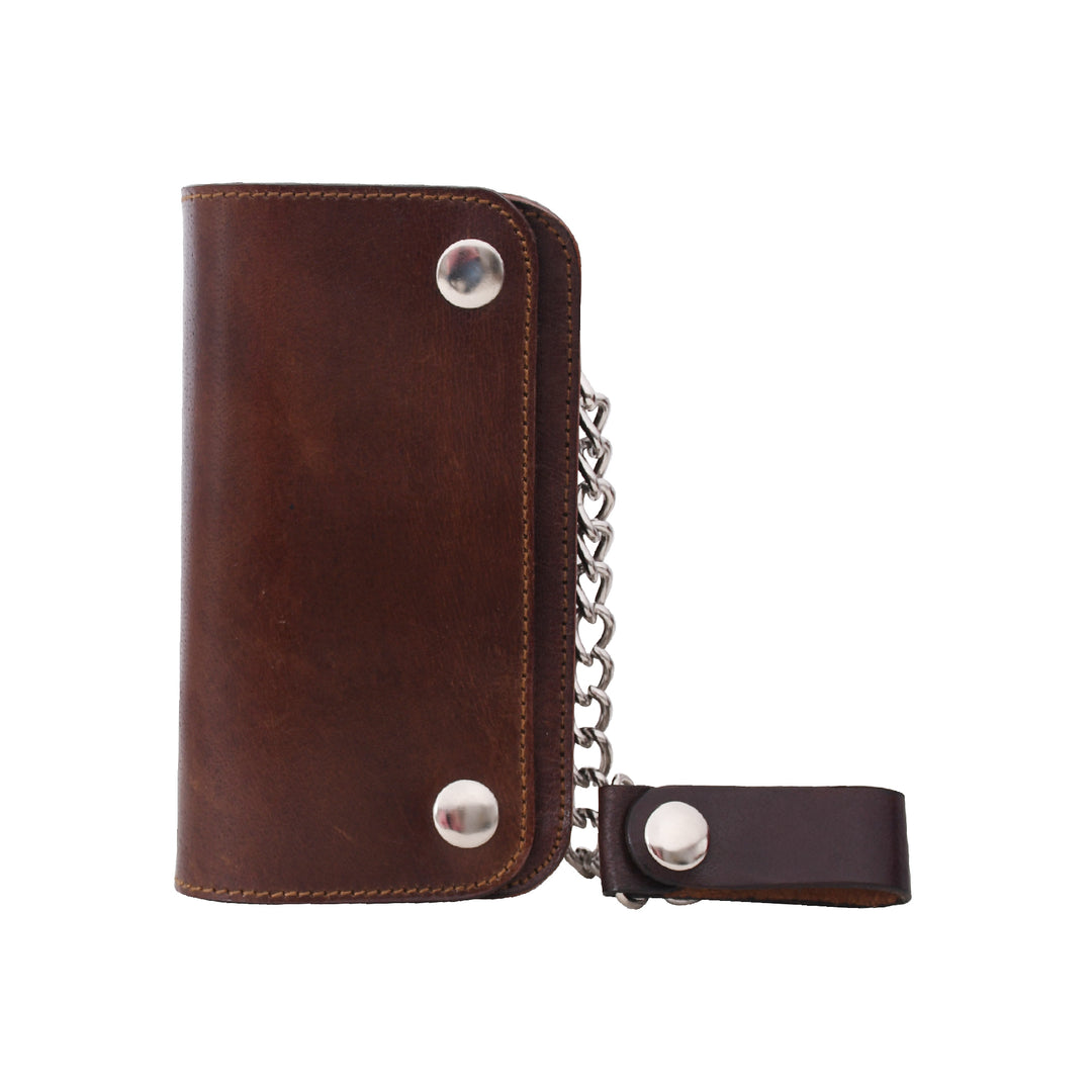 Brown leather wallet with chain and metal studs on a white background

