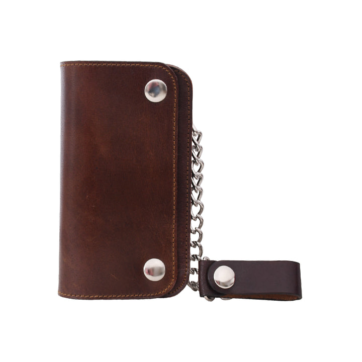 Brown leather wallet with chain and metal studs on a white background

