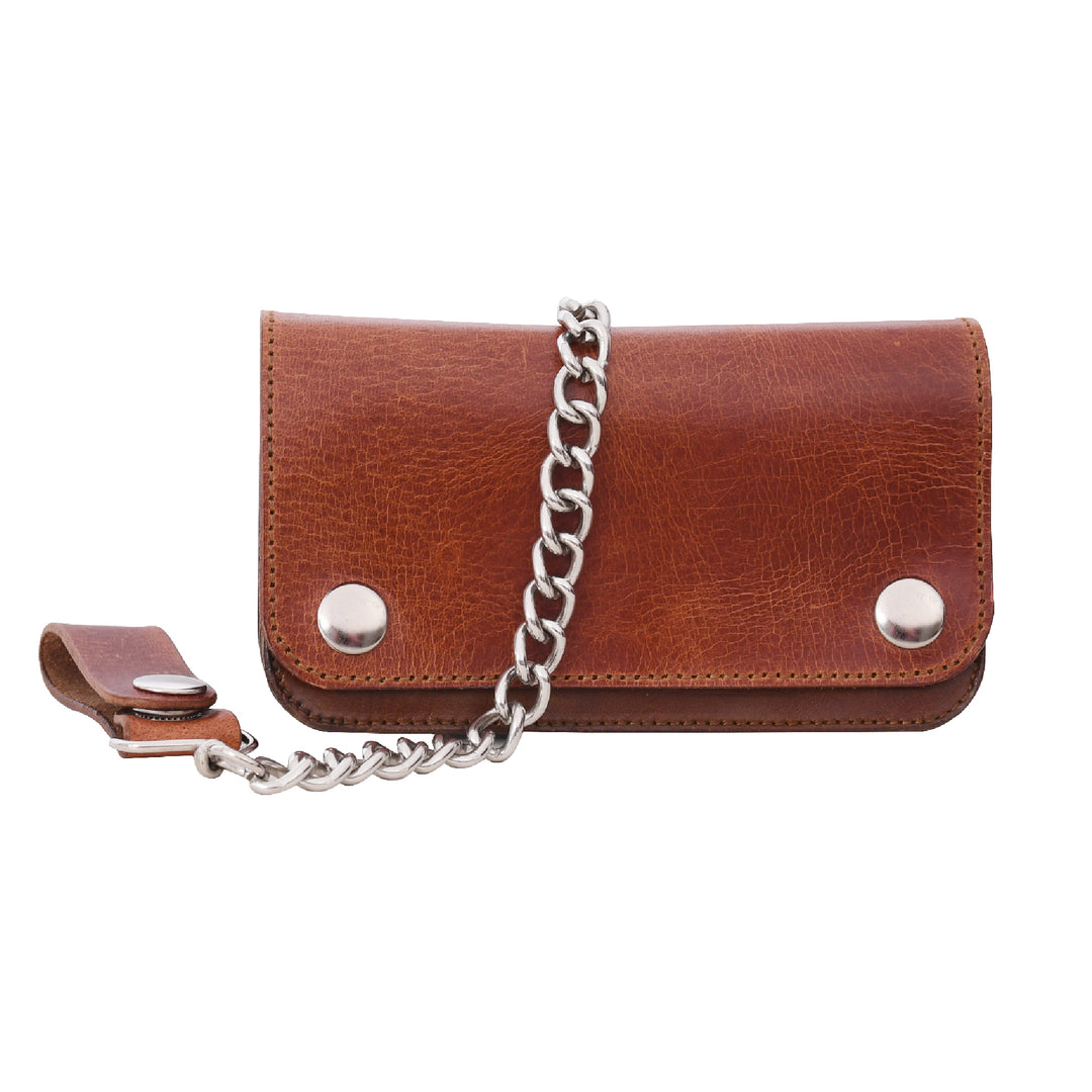 Brown leather wallet with a chain on a white background

