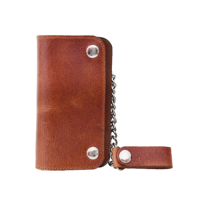 Brown leather keychain wallet with chain on a white background

