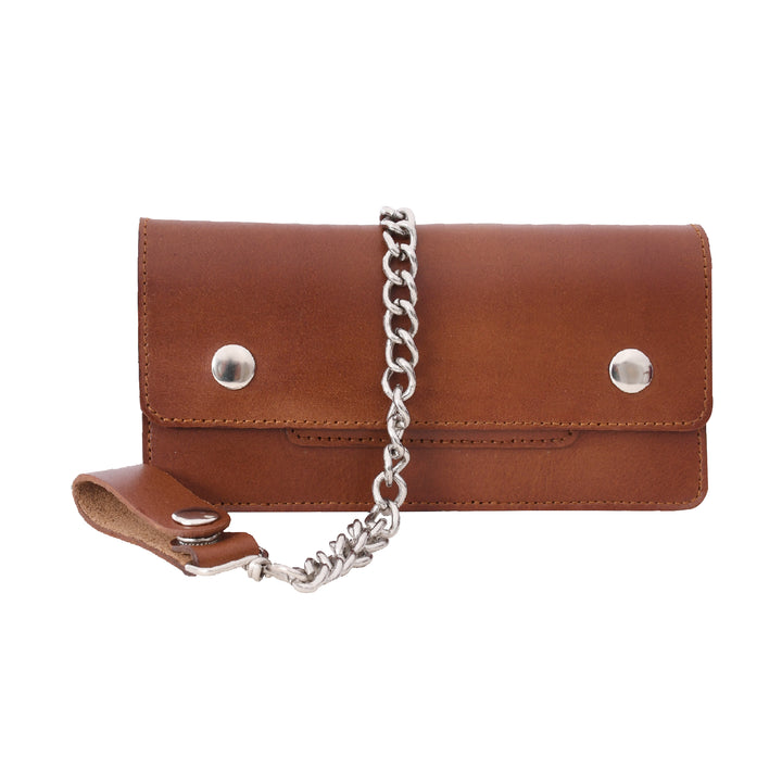 Brown leather wallet with a chain strap on a white background

